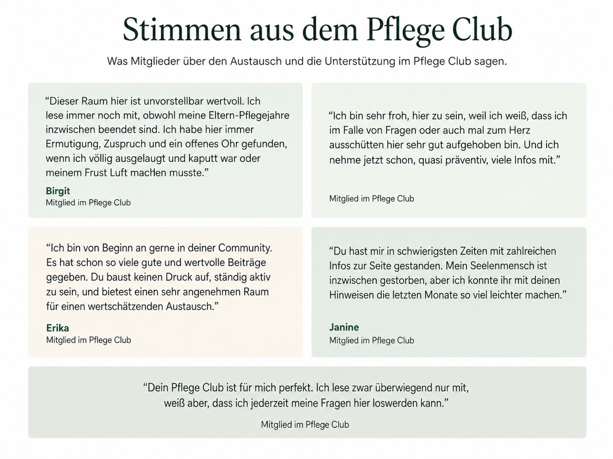 Stimmen aus dem Pflege Club: Mitglieder berichten von Austausch, Ermutigung, Orientierung und Unterstützung.